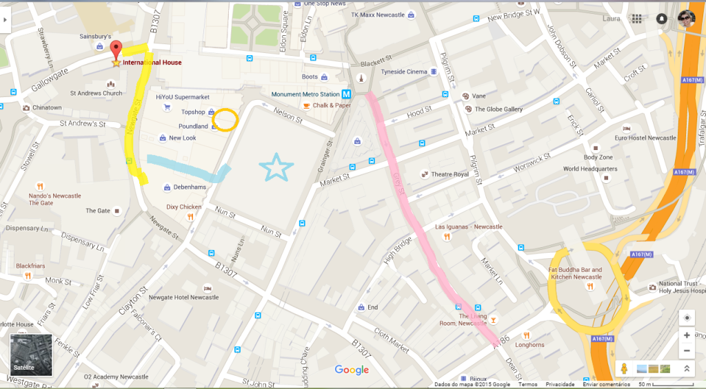 Mapa para o almoço: marquei de amarelo o trajeto que vc fará da escola até a Debenhams. De azul, passando por dentro do shopping para chegar até o Grainger Market. A linha cor-de-rosa indica a Grey Street, onde vc pode passear e encontrar mais restaurantes acessíveis.