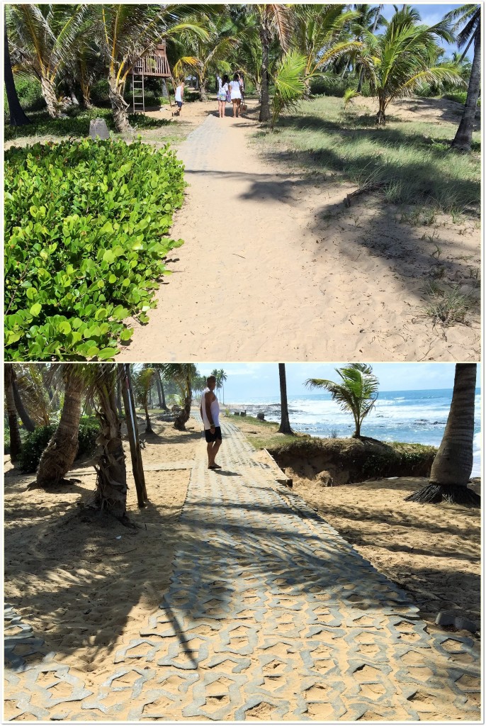 Estas duas fotos mostram as trilhas. A primeira dá acesso à praia. Depois, a pista é calçada com tijolos furados, cheios de areia, nos quais a roda da cadeira cai. Esta pista é inacessível.