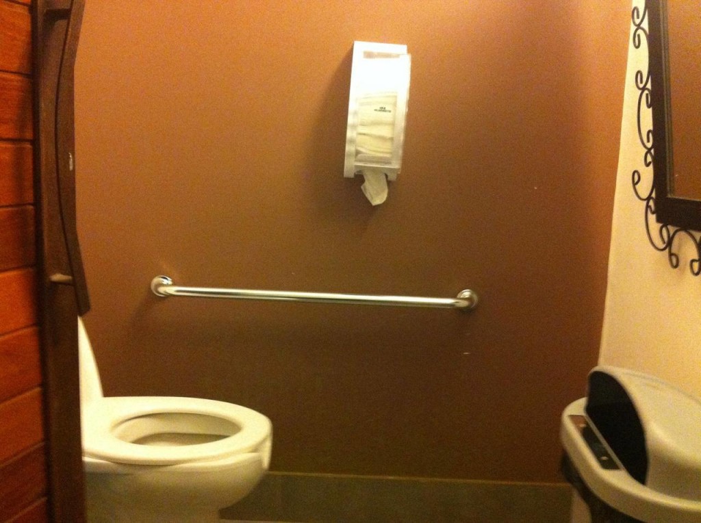 O banheiro tem itens de acessibilidade, mas é pequeno
