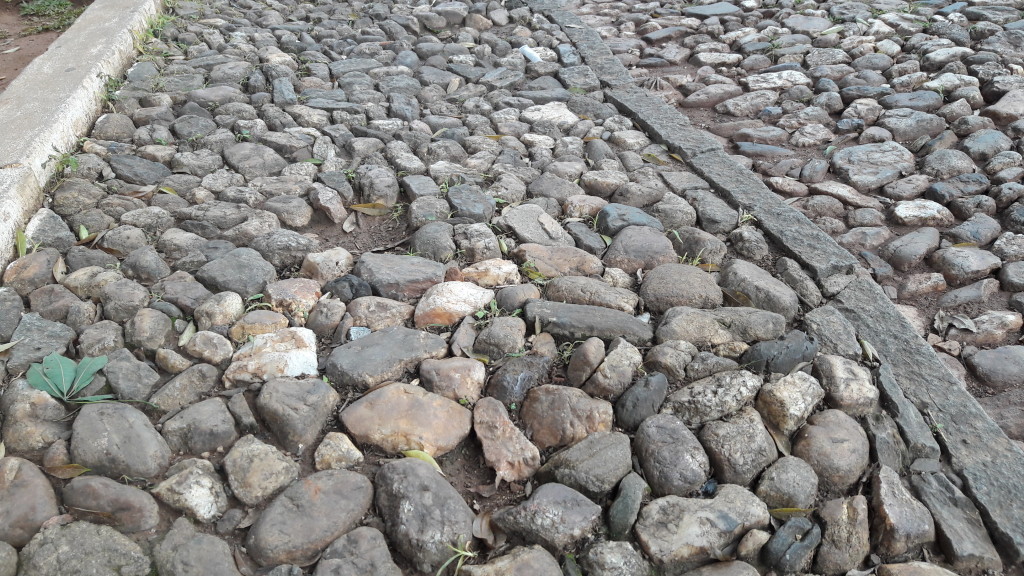 Estas pedras calçam as ruas desta região da cidade. Como vc vê, representam dificuldade para qualquer pessoa.