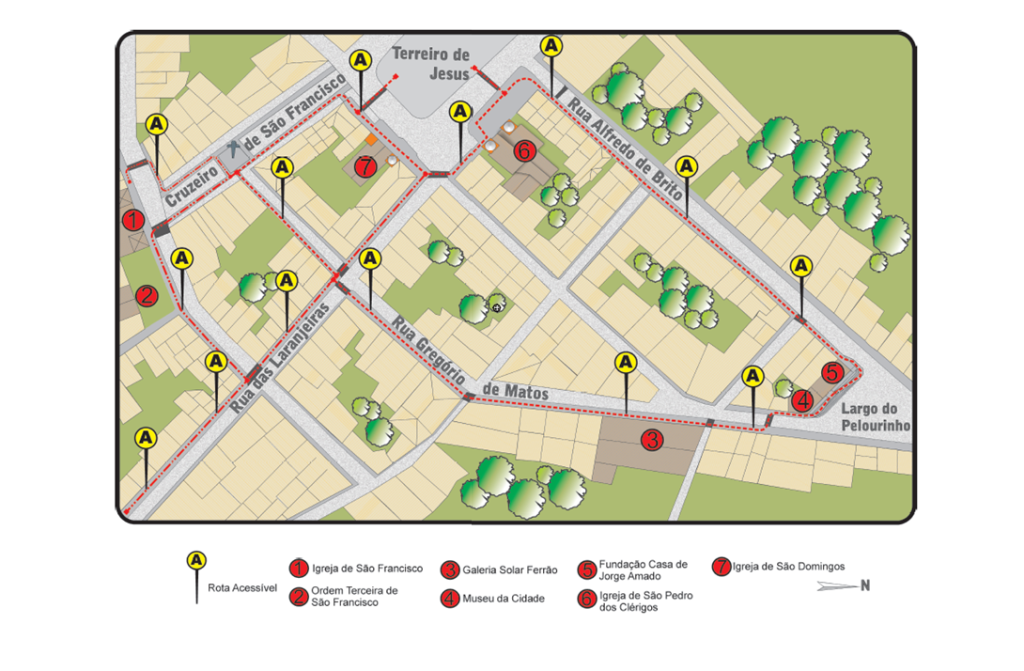 Este mapa mostra as intervenções para construção de rotas de acessibilidade no Pelourinho. Foi retirado desta publicação.