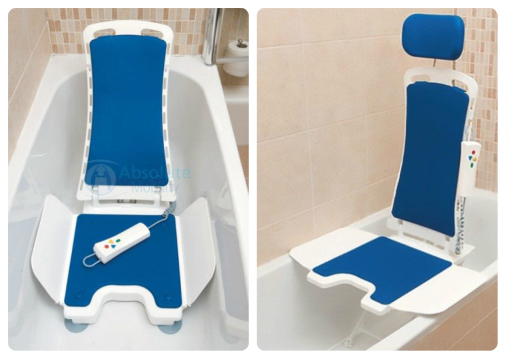 Bellavita - Absolute Mobility | Uma cadeira de banho leve e com controle à prova de água, o qual abaixa e eleva o usuário na banheira, e também reclina o encosto até 50 graus. Fonte: http://www.absolutemobility.co.uk/product/the-bellavita/ 