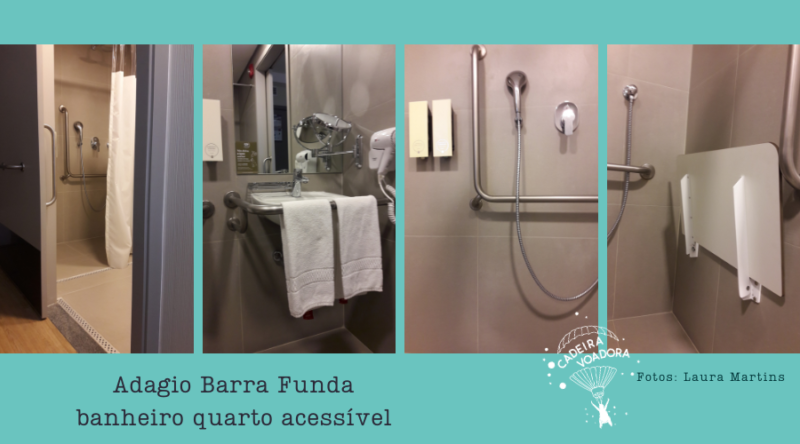 Colagem com 3 fotos mostrando o banheiro do quarto acessível do Adagio Barra Funda