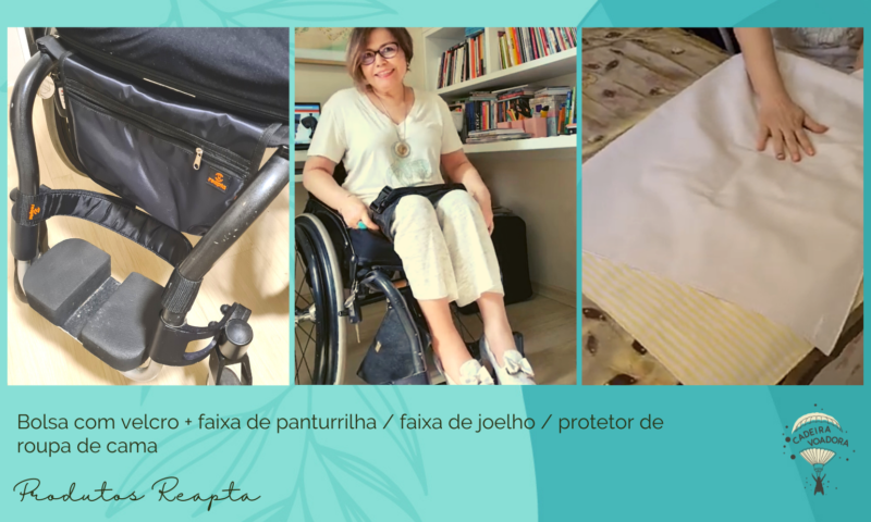 Composição com 3 fotos mostrando a bolsa e a faixa de panturrilha instaladas na cadeira / a faixa de joelho / o protetor de cama