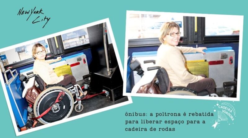 Álbum com 2 fotos mostrando Laura Martins no local destinado a cadeirantes, nos ônibus de NY